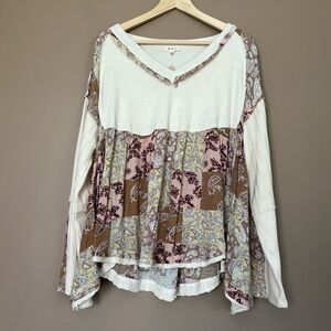 {POL} Paisley Patchwork Long Sleeve V Neckline Swing Top - Womens Medium - NWT